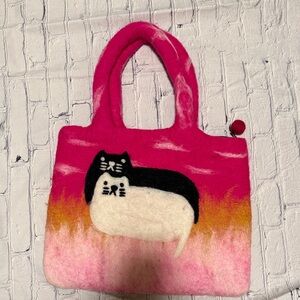 Pink Cat Felted Tote Bag